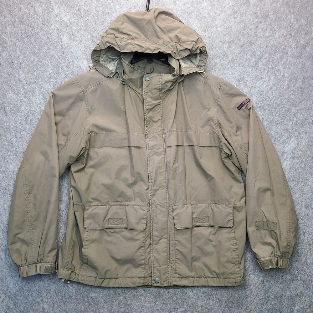 Eddie‎ Bauer WeatherEdge Jacket Men LARGE Tan Beige Removable Hood Waterproof